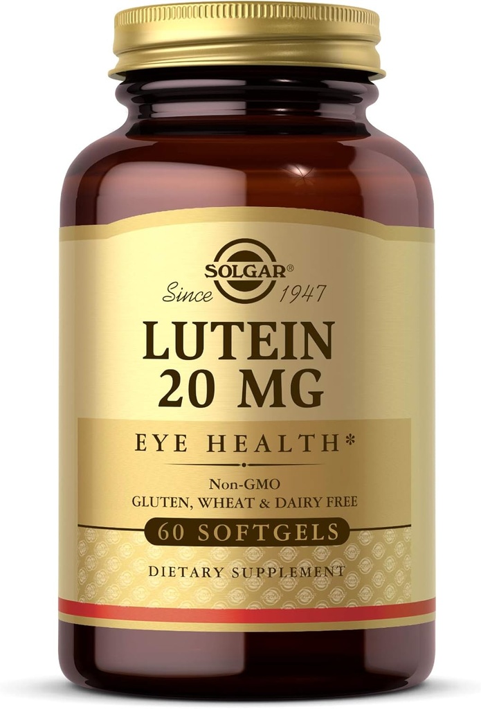Solgar Lutein 20 mg, 60 Softgels - soutient la santé des yeux - aide à filtrer la lumière bleue - contient de la lutéine FloraGLO - non-OGM, sans gluten, sans lait - 60 portions
