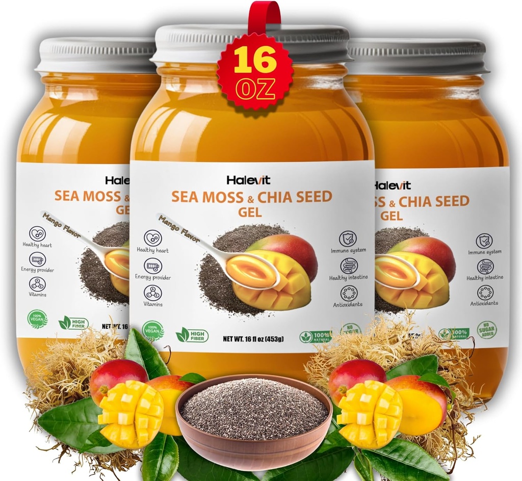 Gel de mousse de mer avec des graines de chia au sol, gel de mousse de mer biologique cru – source d'iode naturelle, Omega-3, Immune & support digestif, Superfood végétalien, Mango Flavor, Fabriqué aux États-Unis, 16 oz