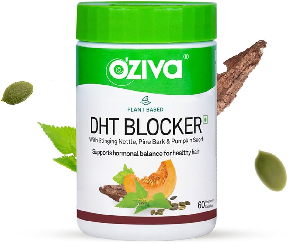 OZIVA à base d'usine DHT Capsules de bloqueur de 60 Couvercles avec butin, Beta Sitostérol, Graine de citrouille, Barque de pin pour le contrôle des chutes de cheveux et la stimulation folliculaire (60 Couple)