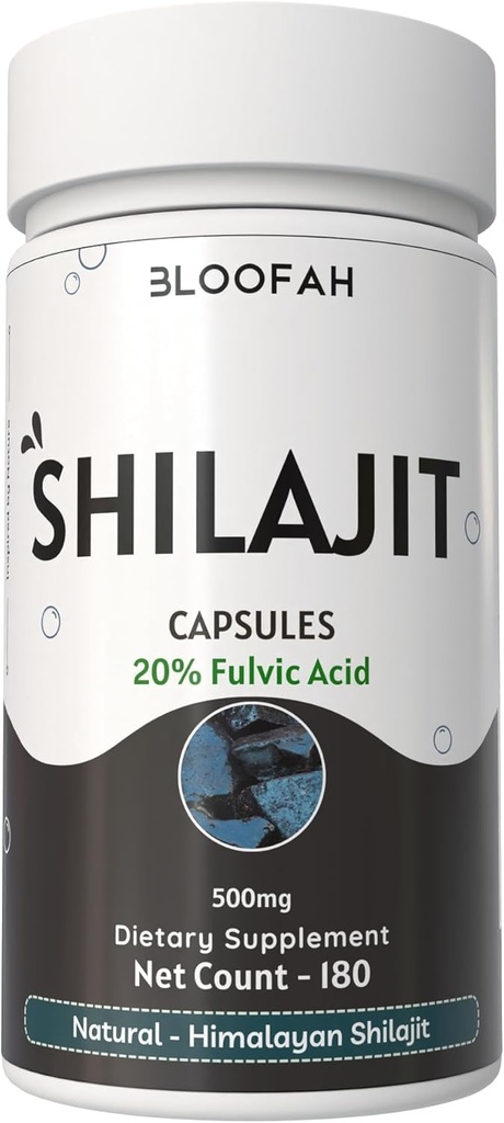 Bloofah Shilajit Capsules 500mg=20% Extrait Acide Fulvic=20% Poudre de Shilajit naturel (Asphaltum)=% Non-OGM, Supplément de bien-être Premium sans gluten pour usage quotidien (180 Nombre (paquet de 1))