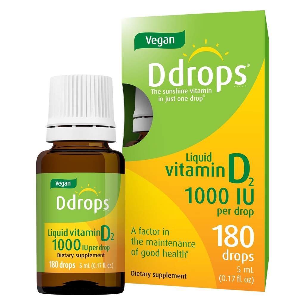 Ddrops Vegan 1000 UI 180 gouttes - Vitamine D liquide quotidien - soutient la santé osseuse et le système immunitaire. Pas de grandes gélules, pas de conservateurs, non-OGM, allergique-friendly