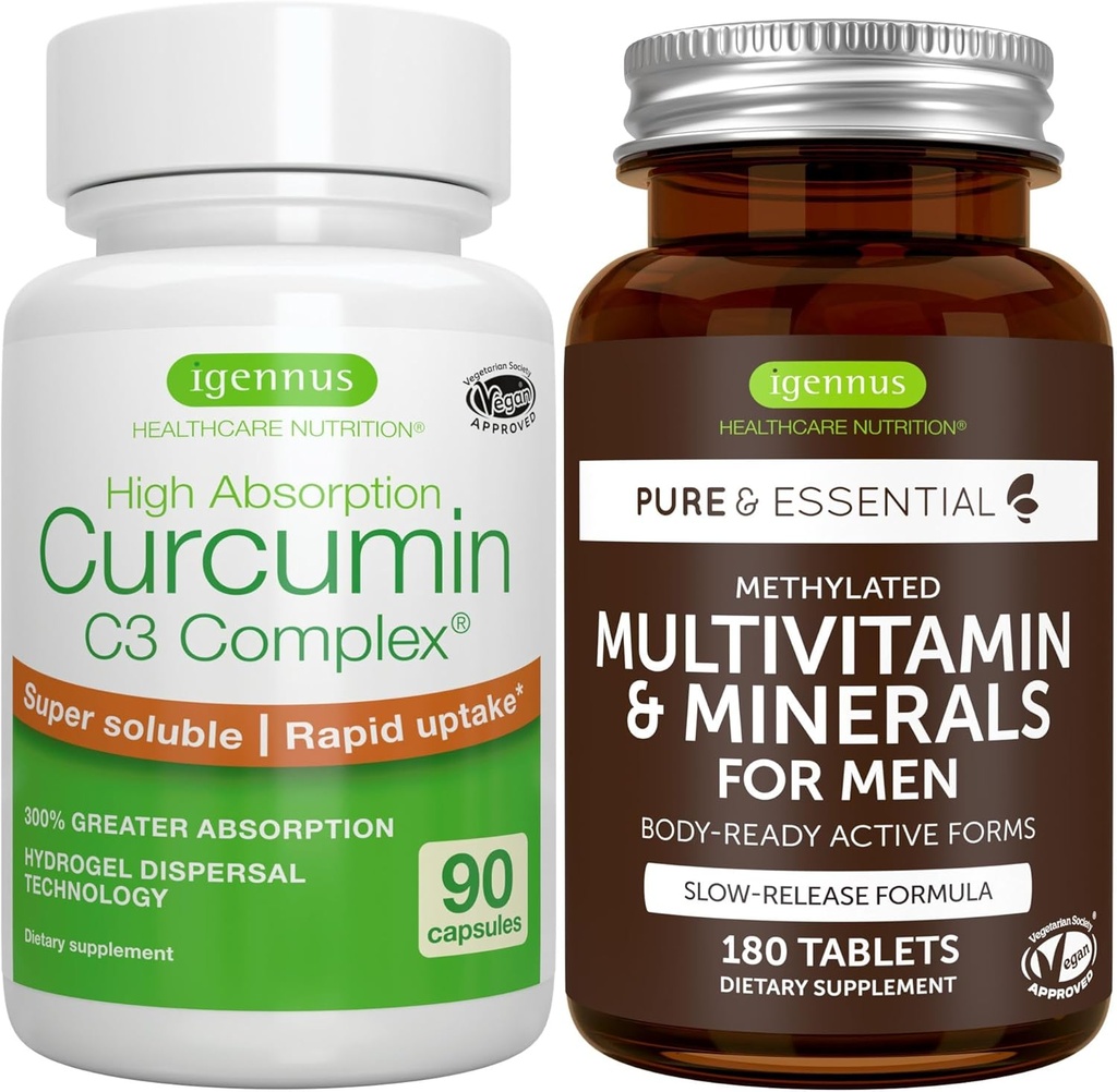 Multivitamine & Minéraux pour les hommes + Complexe de Curcumine haute absorption C3, ensemble végétalien, libération prolongée Multivitamine avancée + 300% Curcuminoïdes d'absorption plus grande avec prise rapide, par Igennus