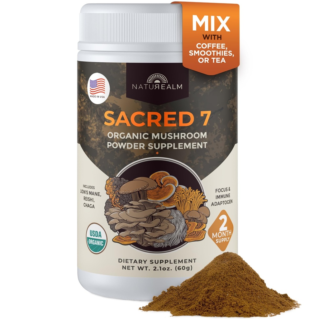 Naturealm Sacred 7 Complément de Champignon Bio – 100% Fruiting Body Extract Powder avec Lions Mane, Reishi, Chaga et plus encore