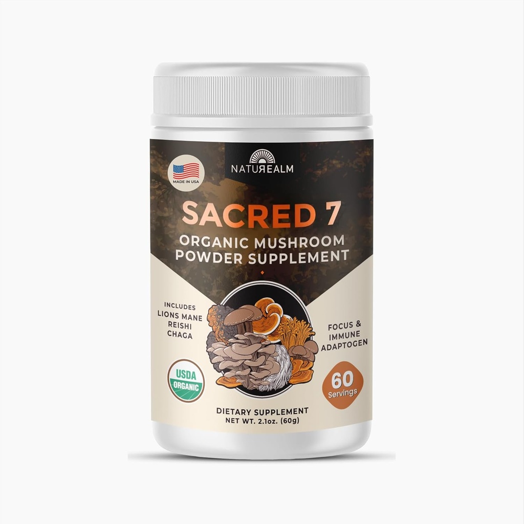 Naturealm Sacred 7 Complément de Champignon Bio – 100% Fruiting Body Extract Powder avec Lions Mane, Reishi, Chaga et plus encore
