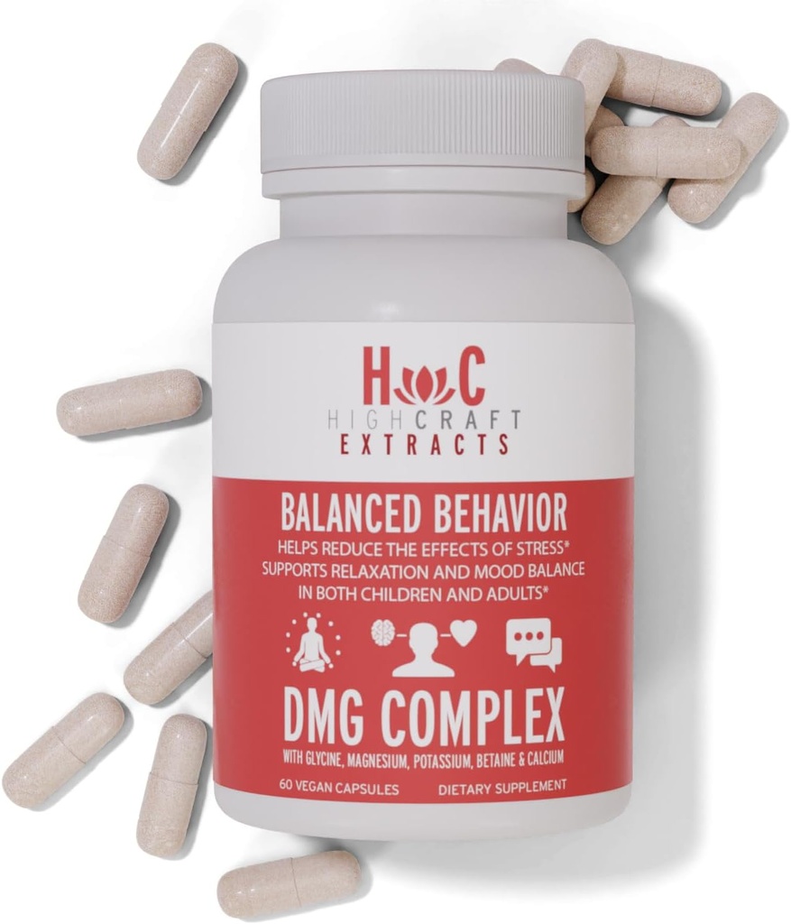 Supplément DMG - Comportement équilibré - Calme, réduit l'irritabilité, l'agitation, les apaisements Changements d'humeur - Magnésium, Potassium, Betaïne, Diméthylglycine, Gluconate de calcium, Glycine