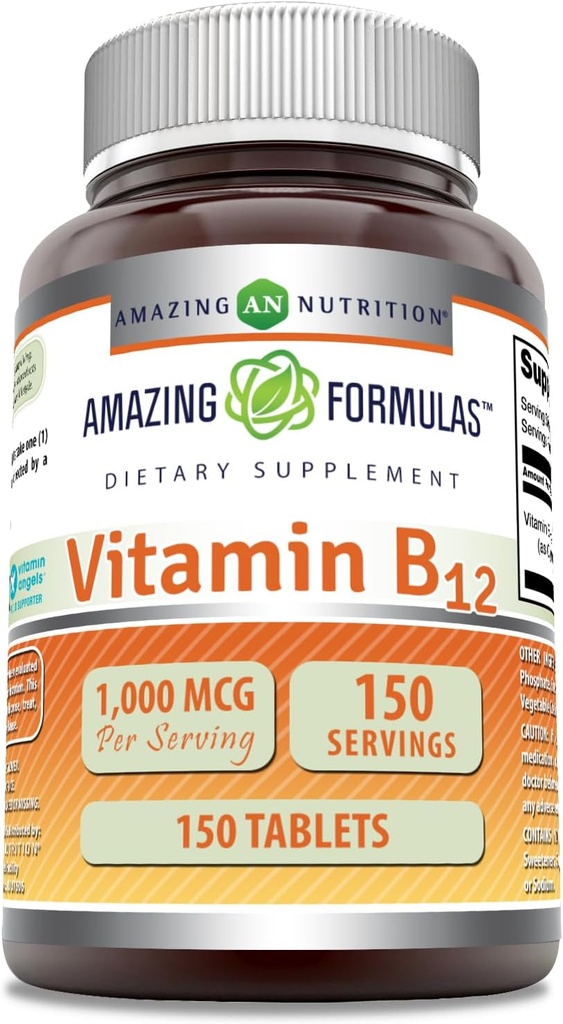 Formules étonnantes Supplément vitamine B12 $ 1000 Mg par portion $ Comprimés $ Non-GMO $ Sans gluten $ Fabriqué aux États-Unis (1 Pack, 150 Compte)