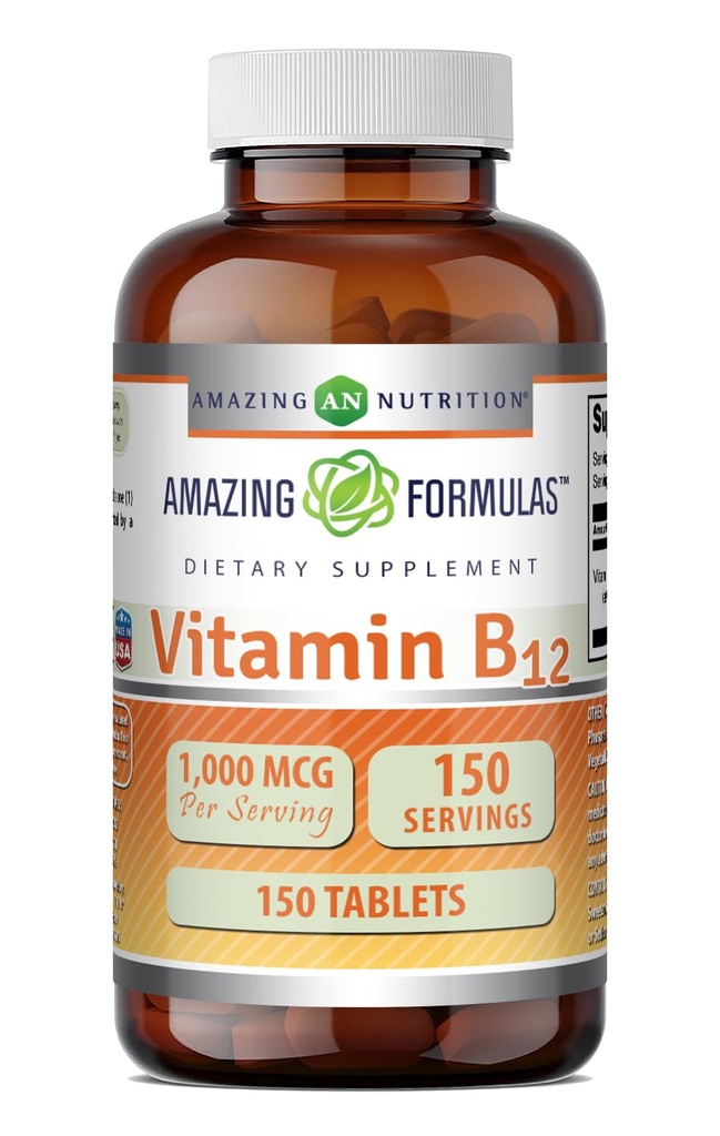 Formules étonnantes Supplément vitamine B12 $ 1000 Mg par portion $ Comprimés $ Non-GMO $ Sans gluten $ Fabriqué aux États-Unis (1 Pack, 150 Compte)