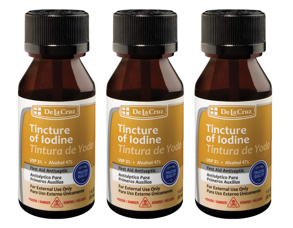 De La Cruz 2% Iodine Premiers soins antiseptiques, fabriqués aux États-Unis 1 FL OZ (3 bouteilles)
