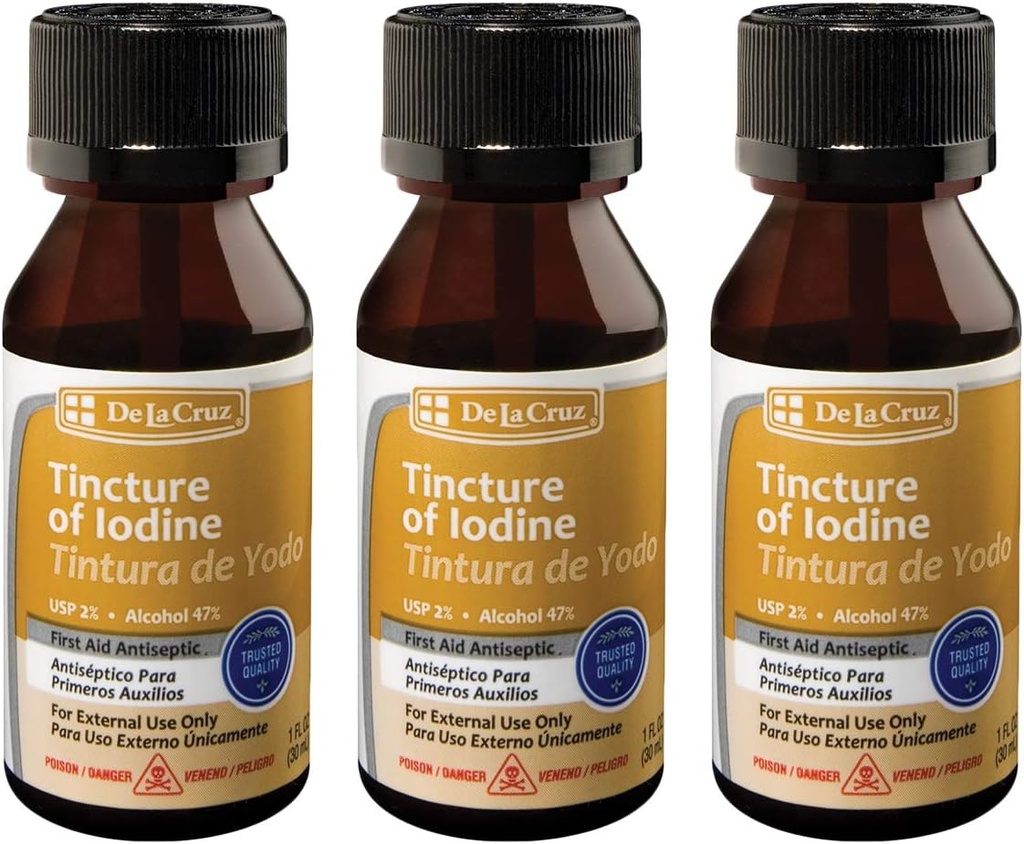 De La Cruz 2% Iodine Premiers soins antiseptiques, fabriqués aux États-Unis 1 FL OZ (3 bouteilles)