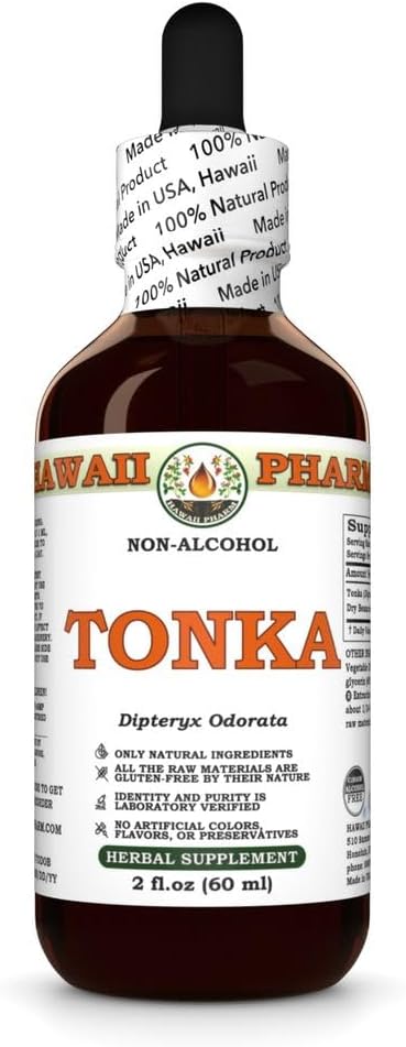 Hawaii Pharm Tonka Extrait sans alcool, Glycérite pour l'énergie et le confort respiratoire, favorise la vitalité, apaise les Toux et la gorge, soutient le bien-être lymphatique, lutte la fatigue - 2 fl.oz