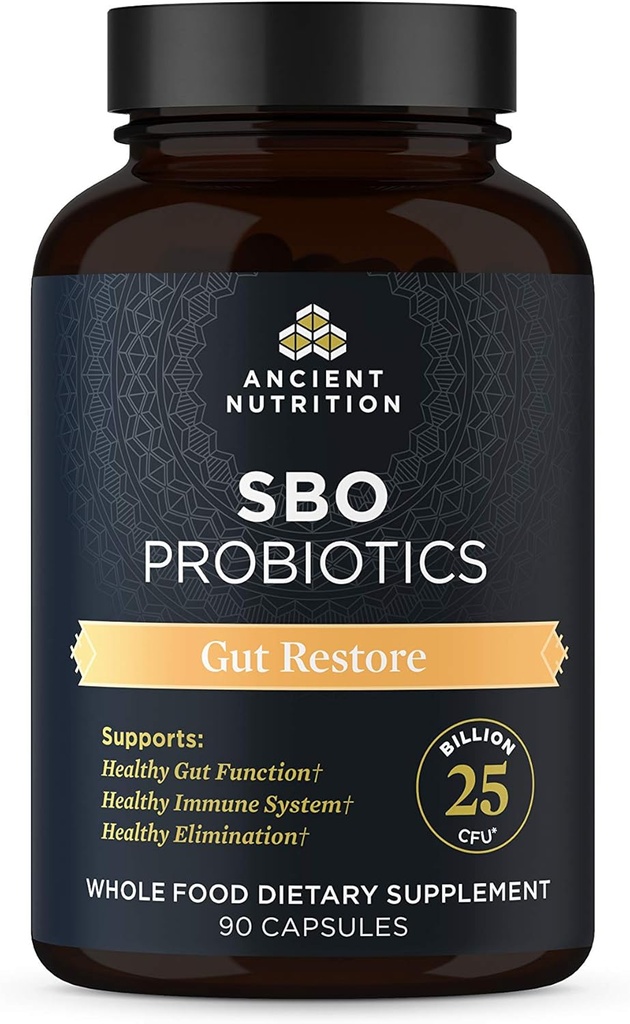 Probiotiques de la nutrition ancienne, SBO Probiotiques Gut Restore 90 Ct, favorise la santé de Gut, le soutien digestif et immunitaire, sans gluten, mélange de superaliments, 25 milliards d'UCF* par portion, 90 capsules