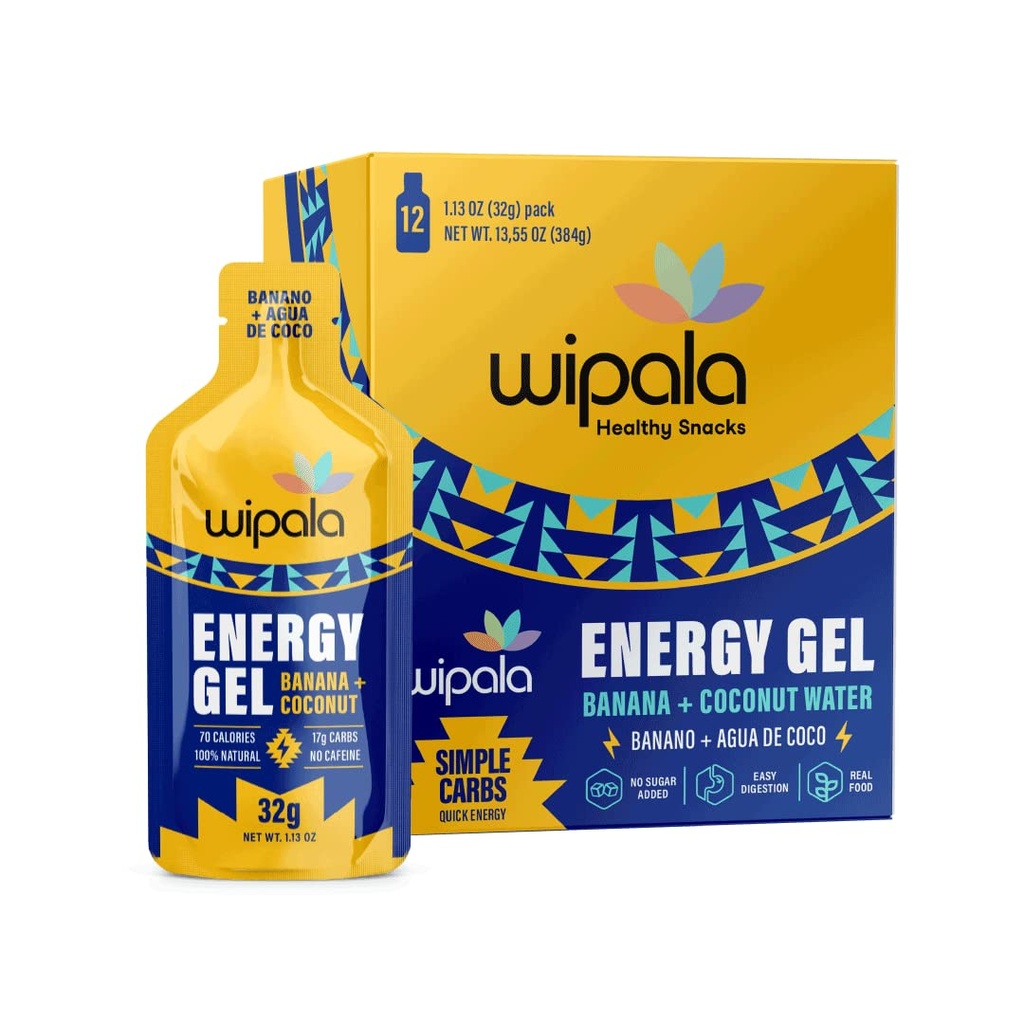 Wipala Energy Gel, Banana Coconut, 12 Pack - Sans caféine, Vegan certifié, non OGM - Énergie propre pour l'exercice d'endurance, de course et de performance