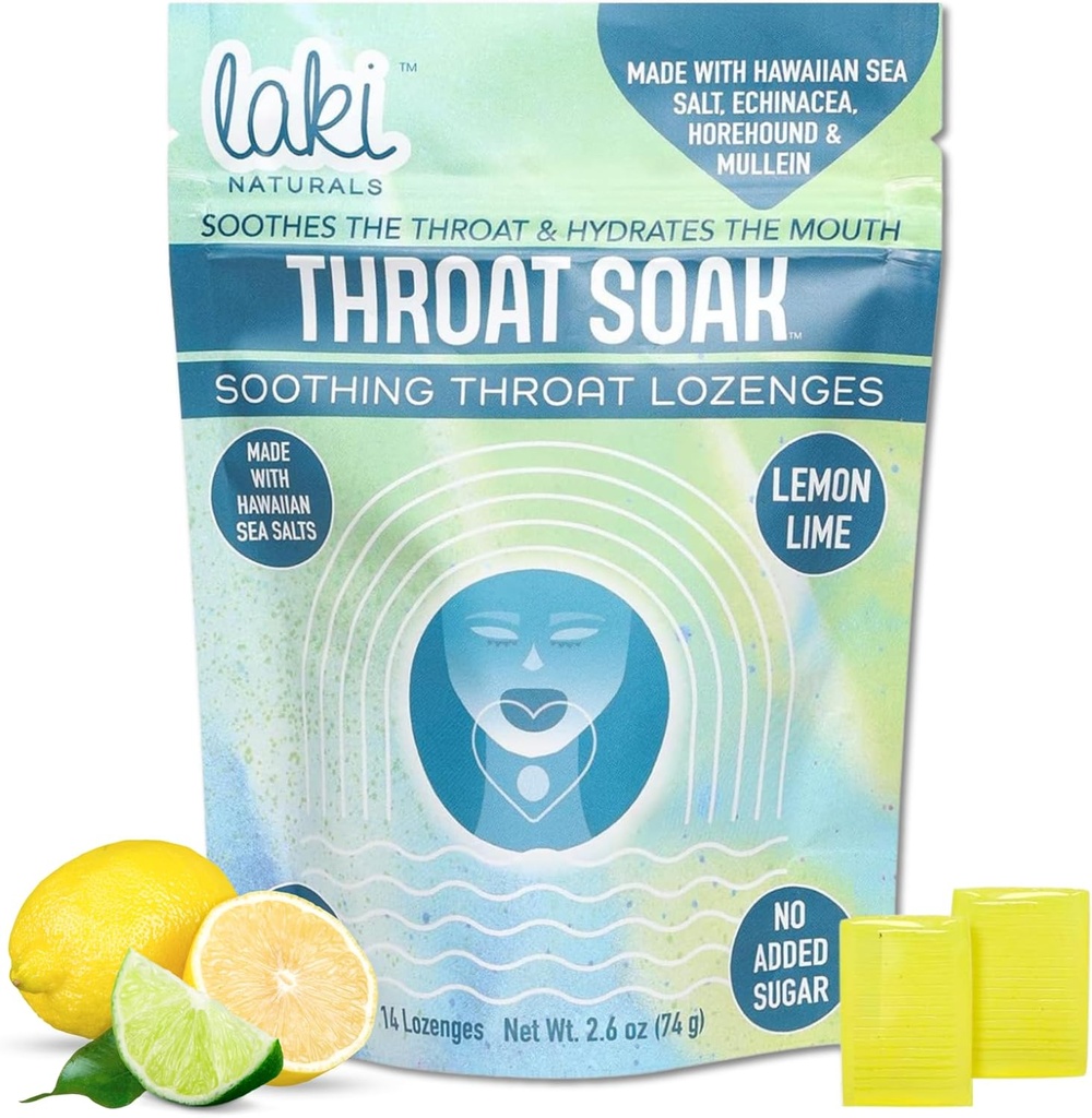 Laki Naturals Throat Soak Throat Throat Lozenges (14 Ct) – Gorge de sel de mer hawaïenne et gouttes apaisantes de bouche sèche – Vegan, non-OGM, sans sucre et sans gluten bonbons à base de plantes sucrés et salés