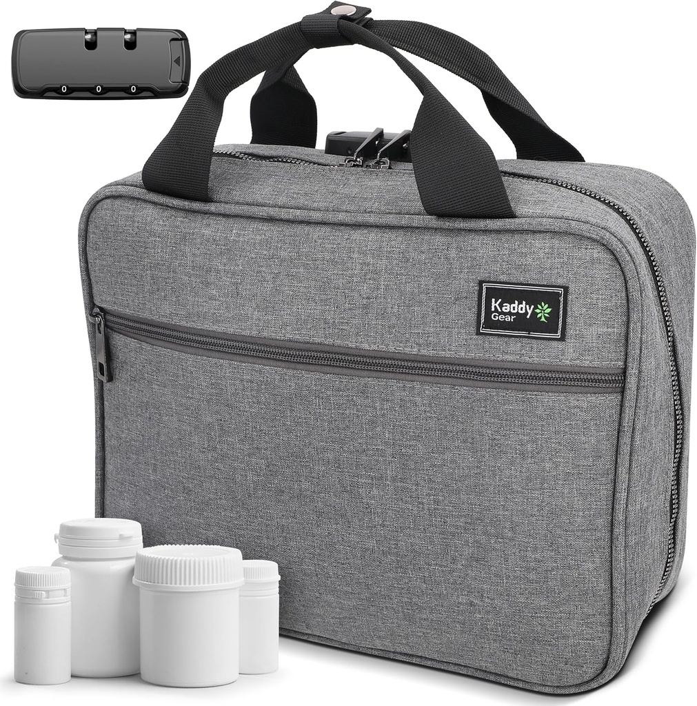 Kaddy Grand sac de médecine, sécurisé, rembourré, Pill Organizer Box, étui pour bouteilles de médecine ou suppléments; Entreposage; Toilettes; Verrouillage à 3 chiffres, gris