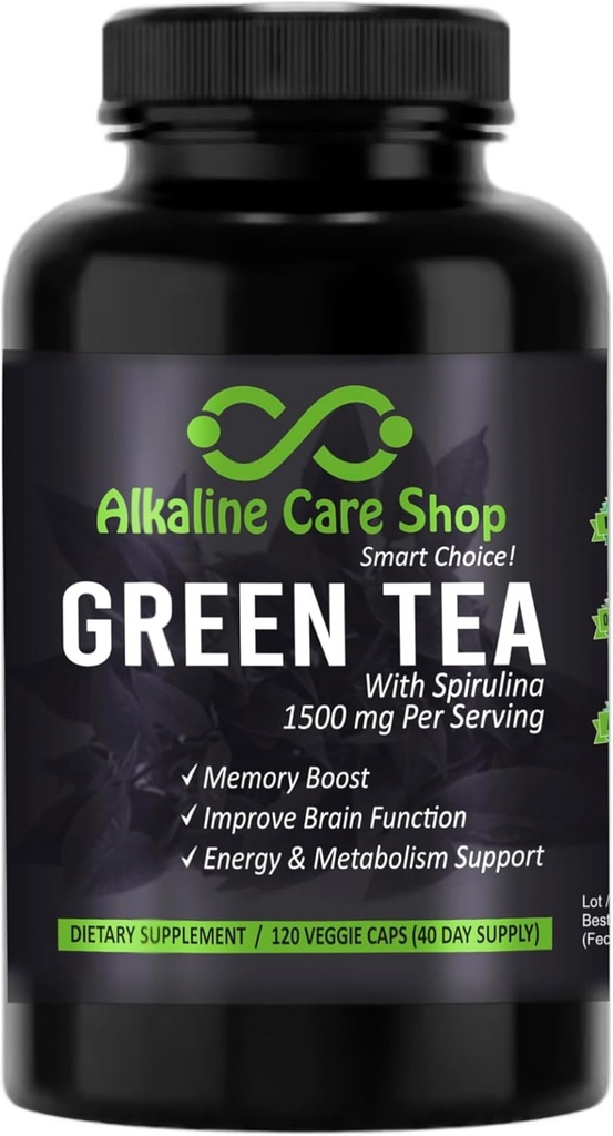 Alkaline Care - Thé vert avec extrait de spiruline 1500mg - Supplément de thé vert ultra-potent à haute absorption avec spiruline - Thé vert pour l'énergie et le métabolisme Capsules de soutien - 120 Capsules