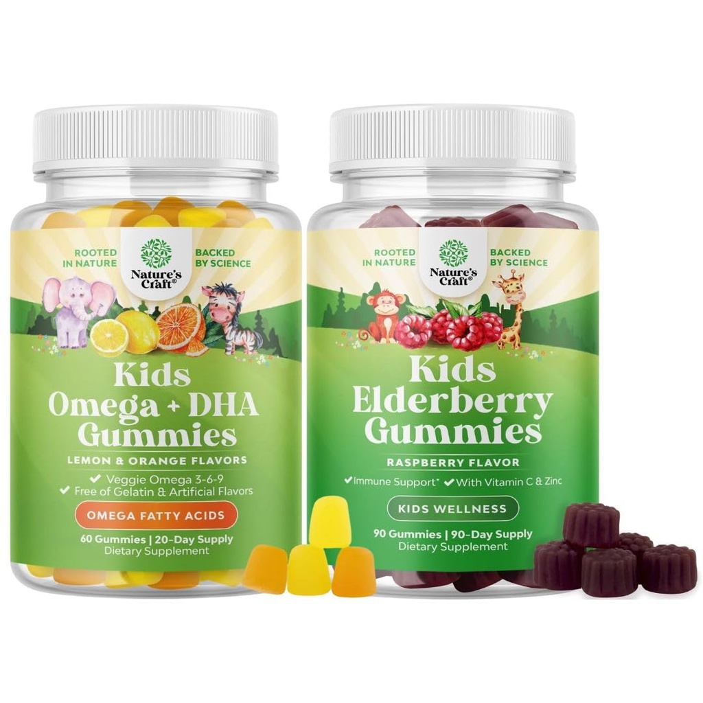 Ensemble d'enfants Omega 3 Gommies DHA - Acides gras Omega 3 6 9 pour la force et la vision immunitaire du cerveau - Gommies DHA et Sambucus pour la santé des enfants - Zinc et vitamine C pour le soutien immunitaire