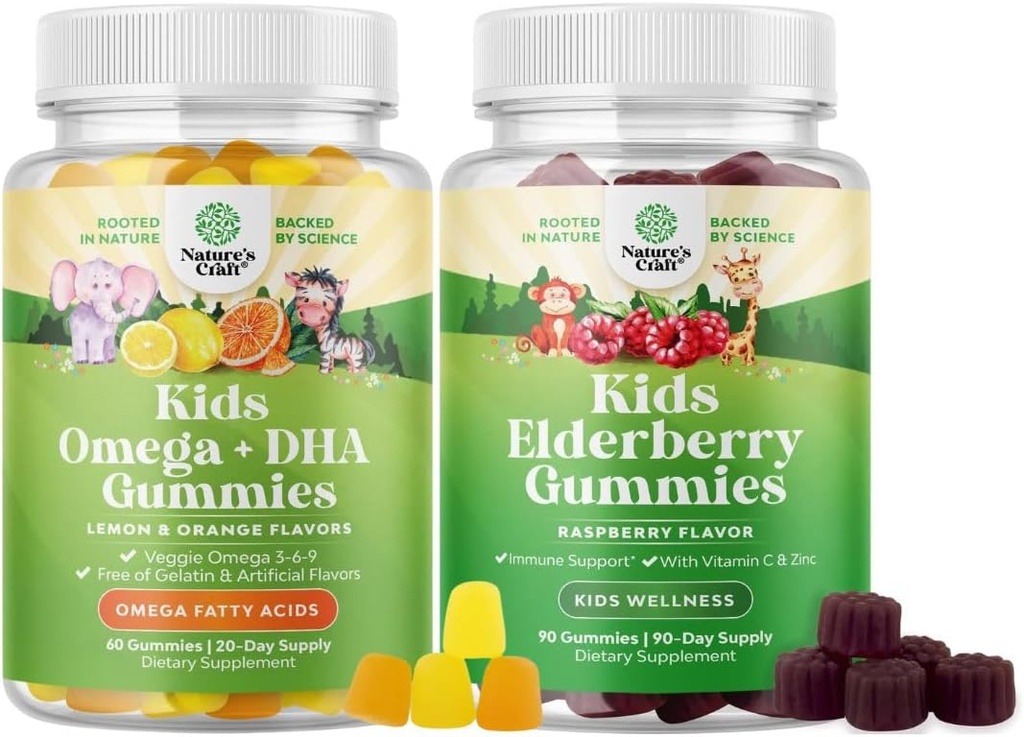 Ensemble d'enfants Omega 3 Gommies DHA - Acides gras Omega 3 6 9 pour la force et la vision immunitaire du cerveau - Gommies DHA et Sambucus pour la santé des enfants - Zinc et vitamine C pour le soutien immunitaire