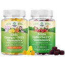 Ensemble d'enfants Omega 3 Gommies DHA - Acides gras Omega 3 6 9 pour la force et la vision immunitaire du cerveau - Gommies DHA et Sambucus pour la santé des enfants - Zinc et vitamine C pour le soutien immunitaire