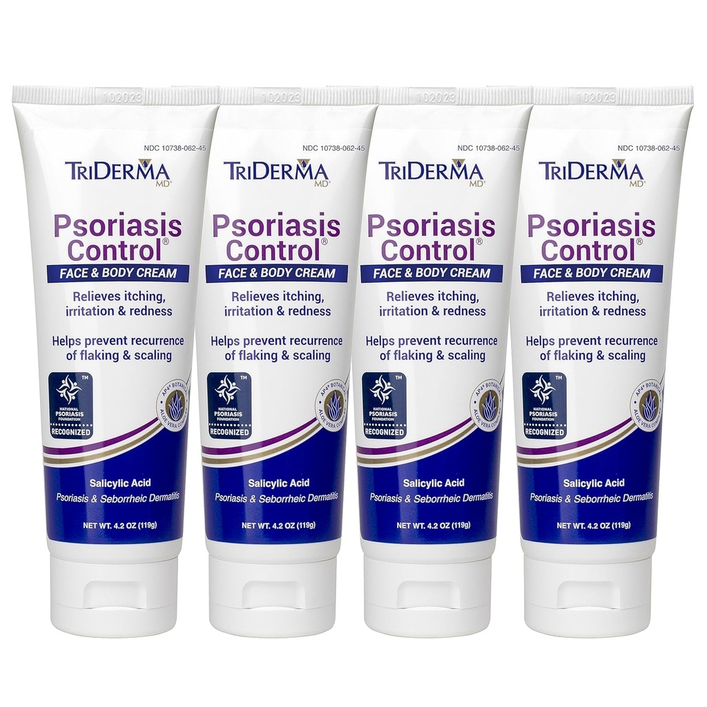 TriDerma Psoriasis Contrôle du visage et de la crème corporelle - Résistance maximale 3 % Acide salicylique, AP4 Aloe Vera Gel, crème d'urée - Traitement hydratant supplémentaire, pas de cortisone ou de goudron de charbon - ASF admissible - 4,2 oz, 4paquet
