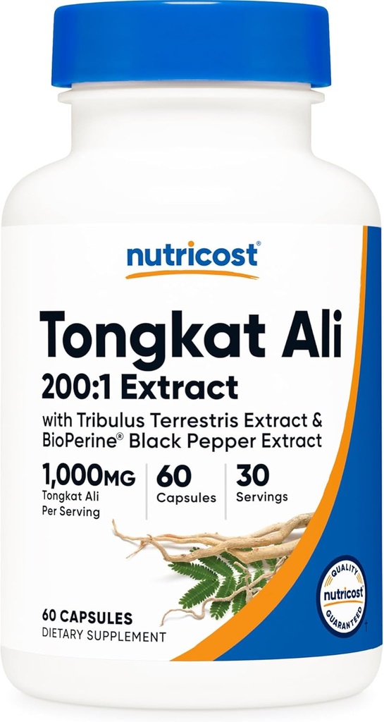 Nutricost Tongkat Ali 1000mg 60 Capsules - avec Tribulus Terrestris et BioPerine, Caps végétariens, Non-OGM, Sans gluten, Extrait de Potent