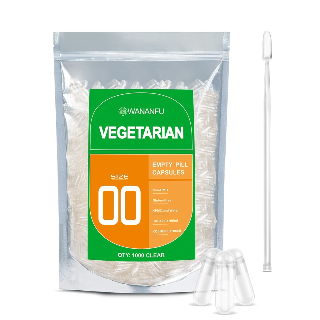 wananfu Taille 00 Capsules vides Végétarien (1000 Nombre) Bundle avec Micro Lab Spoon, Effacer Capsules Veggie Pill 00 pour faire vos propres suppléments