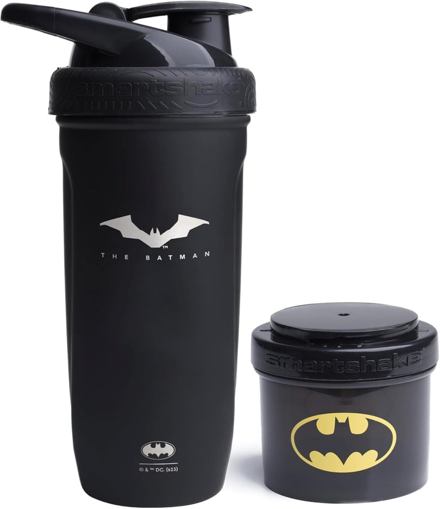 Smartshake DC Comic Bundle - Batman Protein Shaker Bouteille – 900ml Agitateur en acier inoxydable étanche avec récipient de stockage en poudre de protéines 200ml