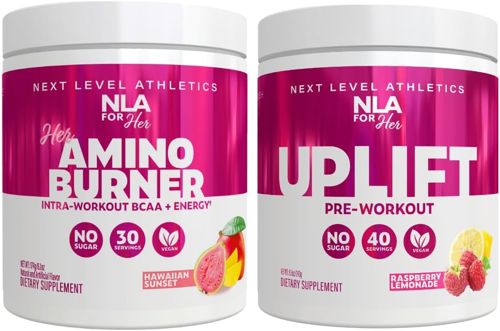 NLA pour son support d'entraînement pré/intra (comprend son coucher de soleil amino hawaïen thermogénique et son lifting pré-entraînement limonade framboise)