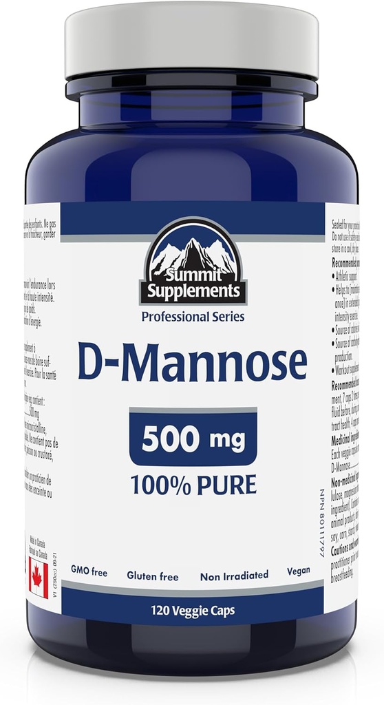 Suppléments du Sommet - D-Mannose Capsules 500 mg, 120 Veggie Caps - Soutien de la santé urinaire - Source d'hydrates de carbone pour soutenir la production d'énergie - Supplément de soutien sportif