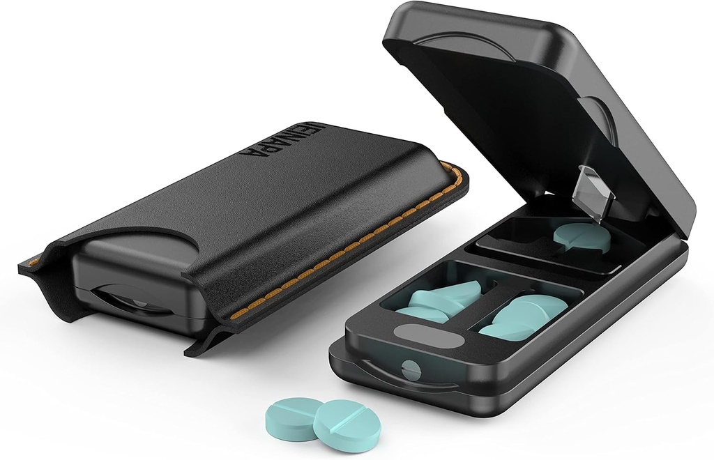 Cutter à pilules avec dispositif de centrage automatique, Splitter à pilules en aluminium avec lame inoxydable 316L, boîtier en cuir véritable, Splitter à pilules professionnelles pour couper de petites pilules ou de grandes pilules (noir)