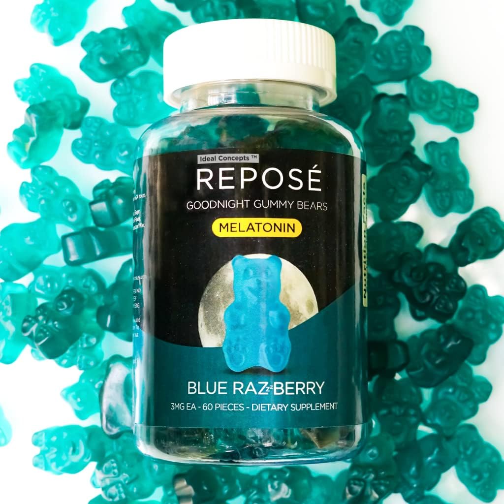 Reposé Goodnight Melatonin Gummies 3mg Par portion, bouteille de 30 jours (60 ours gummy) - Supplément de sommeil à croquer pour adultes - Non Habit formant une aide naturelle au sommeil