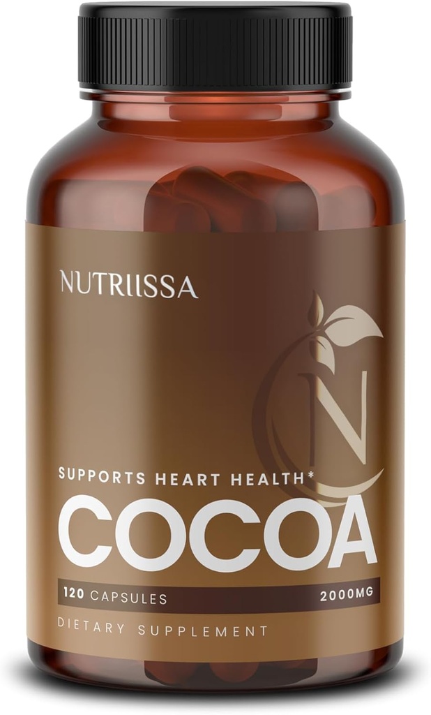 Nutriissa Cocoa Capsules 2000mg - Avancée Santé cardiovasculaire, Oxyde nitrique et support de circulation - 500mg Cocoa Flavanols par portion - EPEB certifié pour la pureté et la puissance - Vegan, 120 capsules, 40 portions