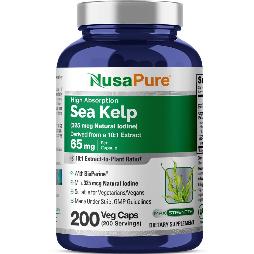 NusaPure Sea Kelp Iodine naturelle 325mcg 10:1 Extrait, 65 mg équivalent à 650 mg Capsule 200 Compte (non-OGM, végétalien)