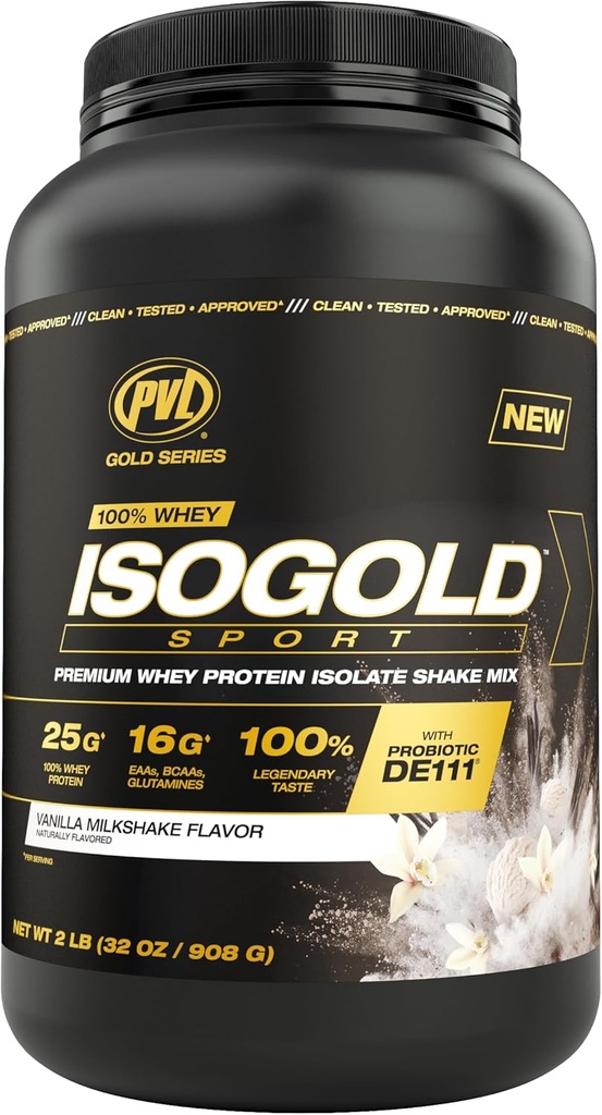 Série PVL Gold - 100 % Whey ISOGOLD Sport - Mélange à agiter isolate de protéines de lactosérum de qualité supérieure - 2 LB - Vanilla Milkshake