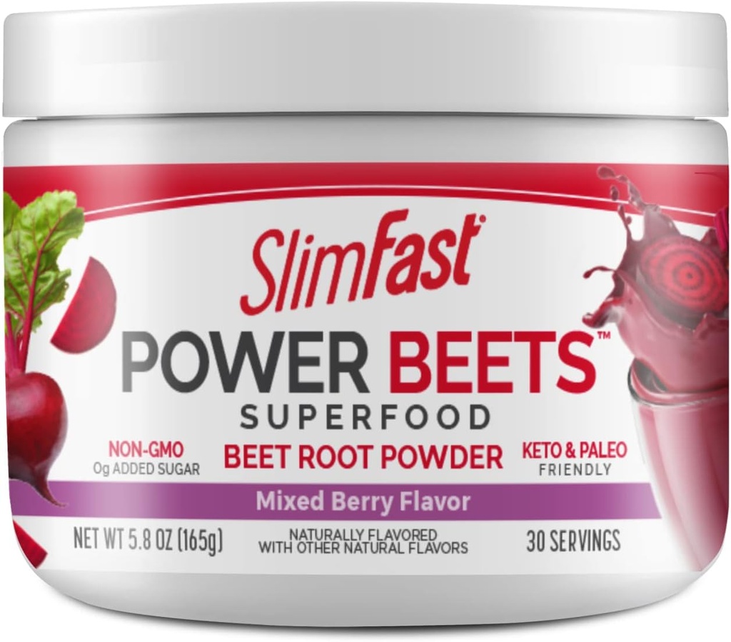 SlimFast Beet Root Powder, Beets Powder Superfood, Fermented Légume Drink Mix, Keto & Paleo Friendly, Non OGM, Great Smoothie Mix- Power Beets Mixed Berry Flavor- 30 portions (paquet de 1)