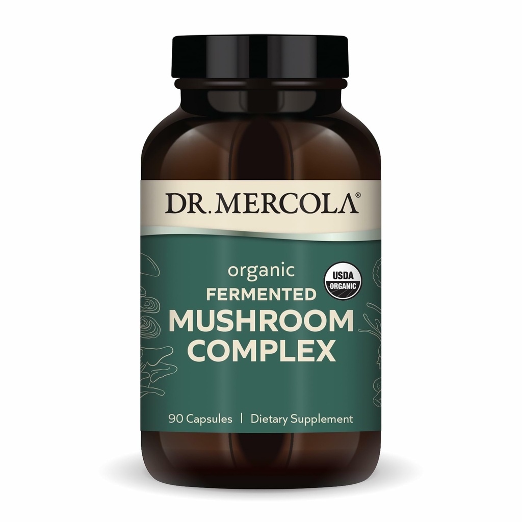 Dr Mercola Complexe de champignons fermentés organiques - Soutient la santé immunitaire et cellulaire - Champignons entiers et Mycélium - Non-OGM et sans gluten - 90 capsules (30 portions)