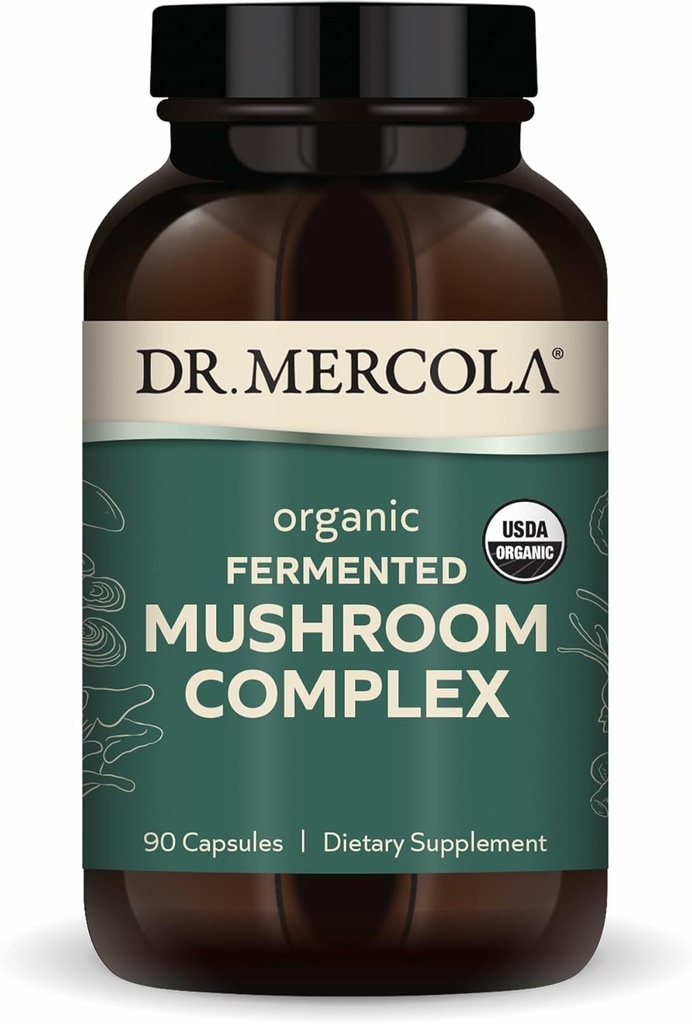 Dr Mercola Complexe de champignons fermentés organiques - Soutient la santé immunitaire et cellulaire - Champignons entiers et Mycélium - Non-OGM et sans gluten - 90 capsules (30 portions)