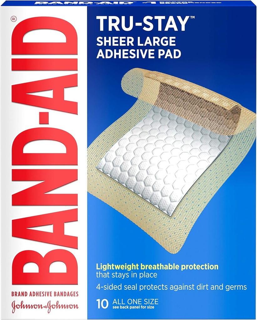 Bande-Aid marque Tru-Stay Pads adhésifs, Sterile Sheer Bandages pour premiers soins et soins de la plaie, Pad couvre et protège les coupures mineures, les éraflures et les brûlures, léger, grande taille, 10 comtes