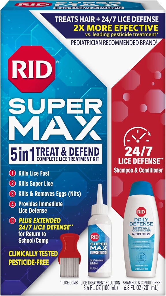 RID Super Max Lice Treatment Kit, Tue Lice & Super Lice & Eggs + 24/7 Lice Defense, Sans Pesticide, 3.4 FL OZ Solution + 6.8 FL OZ Daily Defense Shampooing & Conditioner + Combustion d'enlèvement de Nit