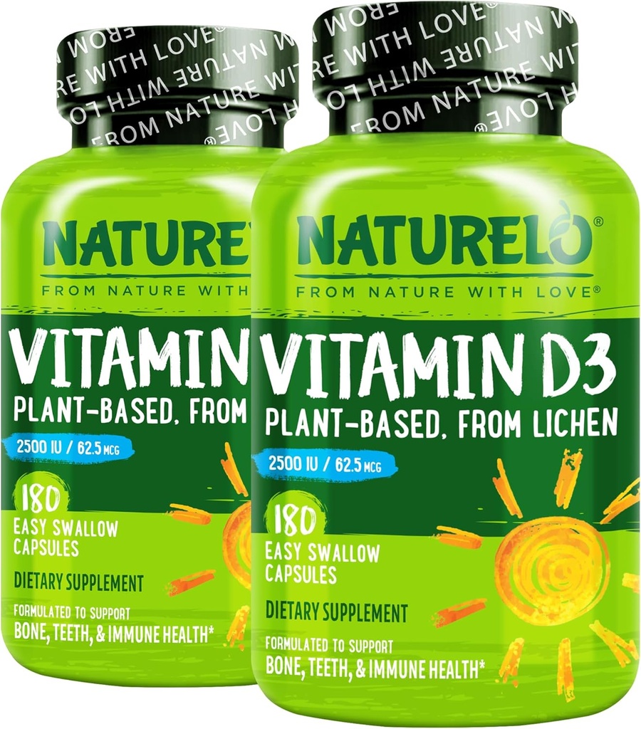 NATURELO Vitamine D - 2500 UI - Plante à base de lichen - Supplément naturel D3 pour le système immunitaire, le soutien osseux, la santé articulaire - Vegan - Non-OGM - Sans gluten - 180 capsules (paquet de 2)