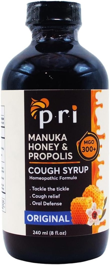 P.R.I Syrup sec naturel avec le miel de Manuka, propolis, huile d'arbre à thé et vitamine C - Gorge male et soutien immunitaire, saveur originale, 8oz