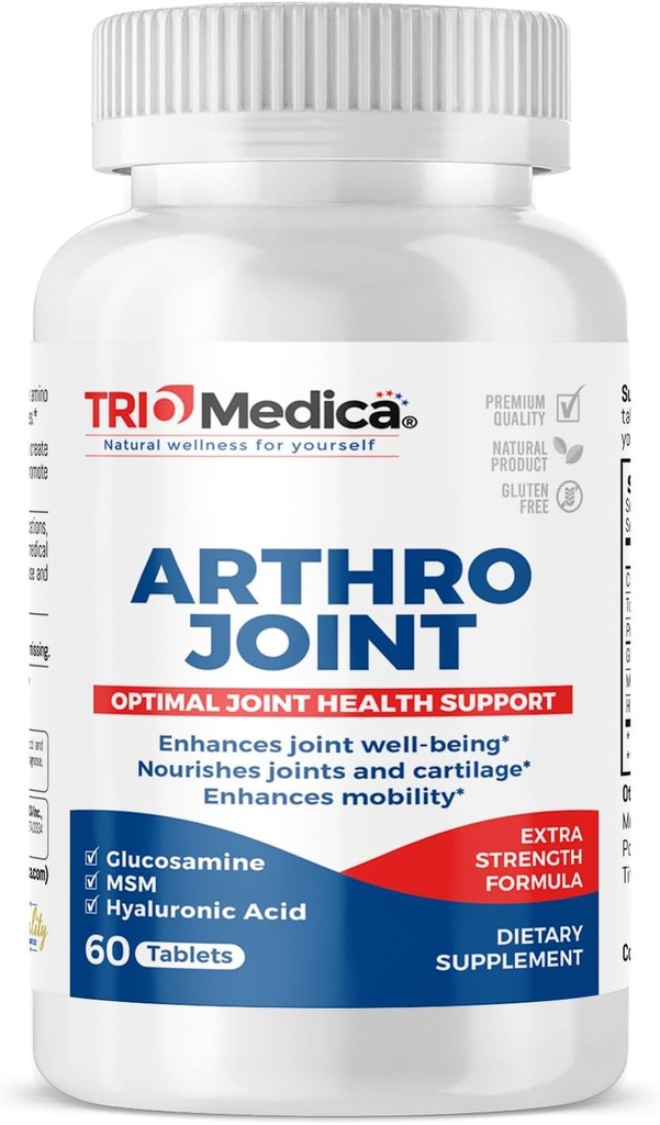 Arthro Joint Glucosamine MSM + Comprimé d'acide hyaluronique, soutient la structure articulaire saine, la fonction et le confort, non-OGM, sans gluten, sans soja, 60 Compte (paquet de 1)