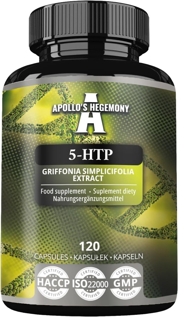 5-HTP 150 mg par gélule - 120 capsules véganes - 4 mois d'approvisionnement - Extrait de graine de Griffonia simplicolia - Améliore l'humeur et le bien-être - Complément alimentaire par l'hégémonie d'Apollon
