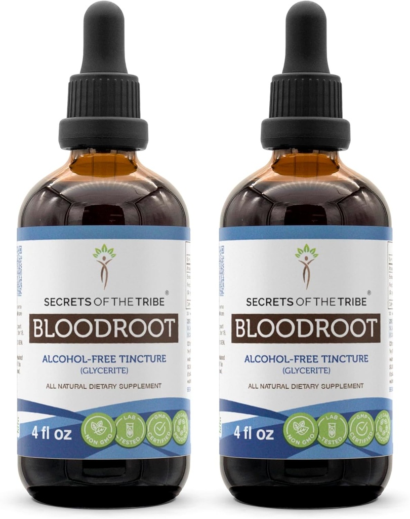Secrets de l'extrait sans alcool de la racine de sang de la tribu d'élevage responsable (Sanguinaria Canadensis) Supplément de teinture de racine séchée (2x4 FL OZ)