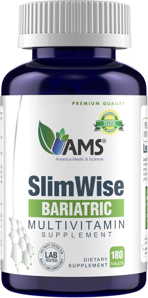 America Medic & Science SlimWise Bariatric Multivitamin – 180 Caplets | 2-Month Supply | Post Gastric Bypass & Sleeve Support | Iron, B12, Vitamin D3, Folate | Easy-to-Swallow Bariatric Vitamins