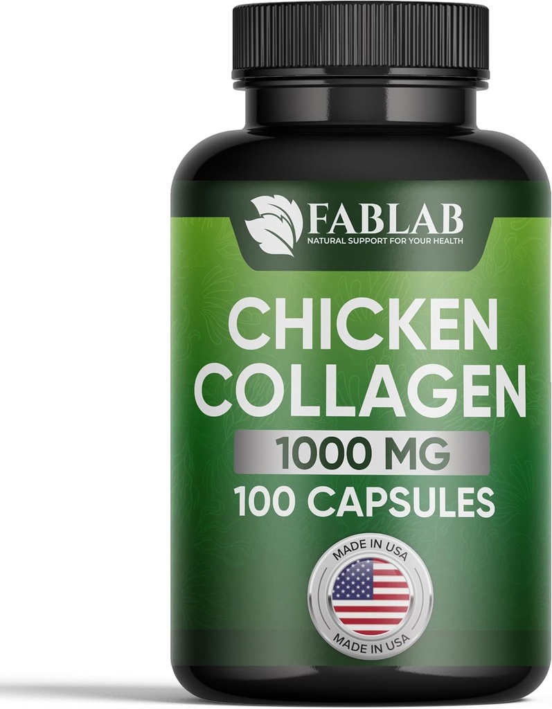 Supplément de collagène de poulet de type II de FabLab - Supplément nutritionnel pour le soutien des articulations, des nerfs et des os - Produit alimentaire anti-OGM avec des peptides hydrolysés - 100 capsules