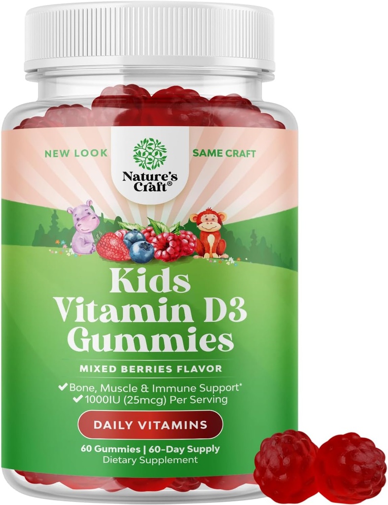 Gommies de vitamine D à croquer pour les enfants - Delicious Vitamine D 1000 UI par portion - Gommies de soutien immunitaire pour tout-petits - Berries Supplément aromatisé pour os santé et muscles - Sans gélatine - 60 Chews