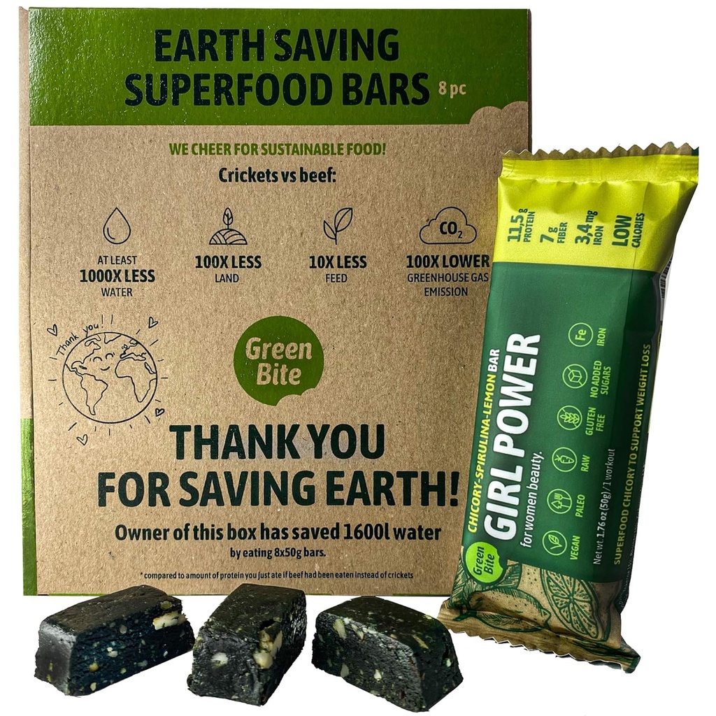 Barres de protéines à faible teneur en calories, barres de remplacement de repas pour la meilleure figure, collations de protéines véganes, barres de protéines riches en fer, pas de sucre, chicorée Spiruline Lemon Flavor, boîte de 8 - Bite verte