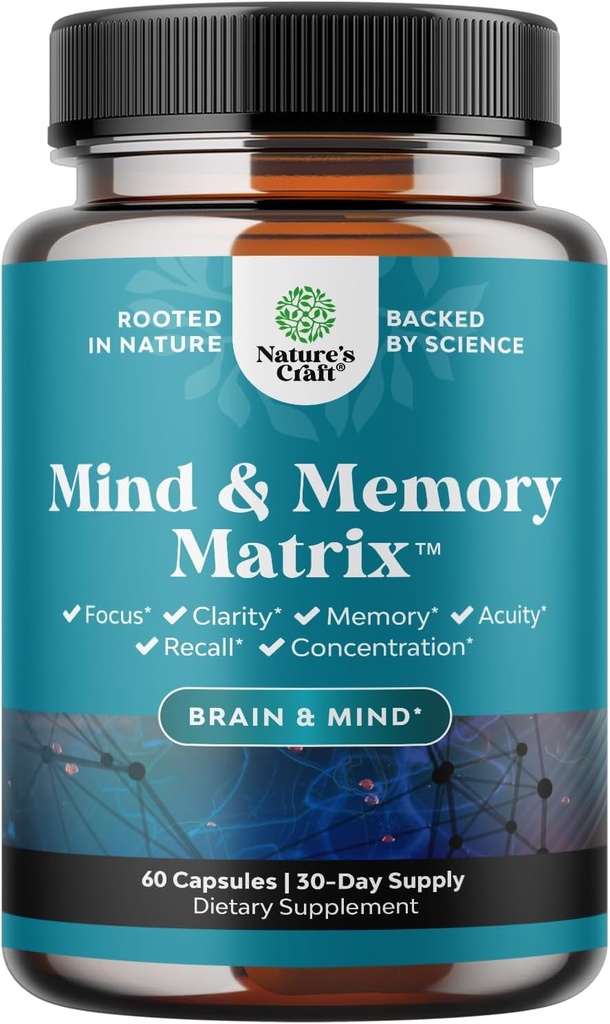 Matrix Nootropic Cerveau Supplément pour la mémoire et l'amélioration de la concentration - Vitamines pour la santé mentale et la clarté - Complexe cognitif pour les adultes de tous les âges Vitalité mentale - 60 capsules