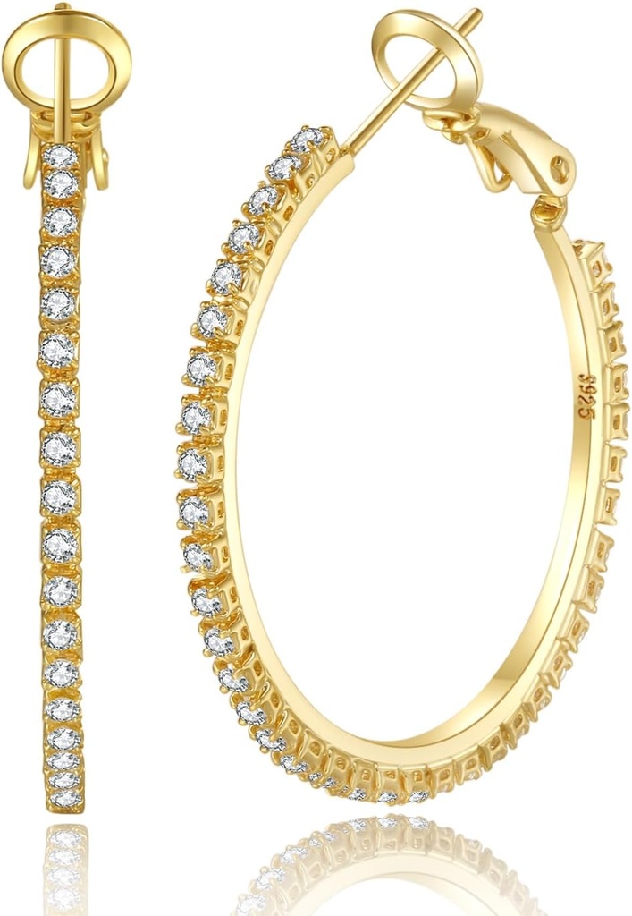 PABBEU 2mm 925 Boucles d'oreilles en argent sterling Grandes boucles d'oreilles en argent sterling pour femmes Grandes boucles d'oreilles en strass minces hypoallergéniques Cubic Zirconia Boucles d'oreilles pour femmes 30/40/50/60/70mm