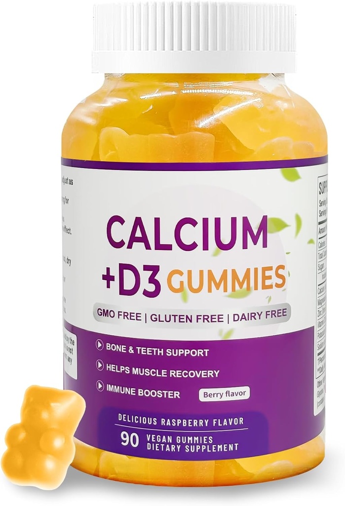 Supplément au zinc de magnésium de calcium Gummies D3-90 Comprimés par bouteille (Calcium 500mg - Magnésium 200mg - Zinc 10mg - Plus de vitamine - Par portion de 2 comprimés)